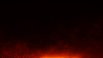 Fiery glowing particles and burning sparks flying in dark background. Abstract flame and ember texture with heat and energy atmosphere. Perfect for fire concepts, backgrounds, and special effects.