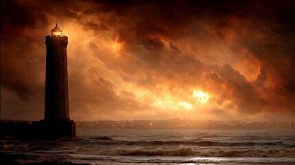 Guardian of the Seas Lighthouse Standing Tall Against Stormy Twilight Skies and Rough Ocean Waters.