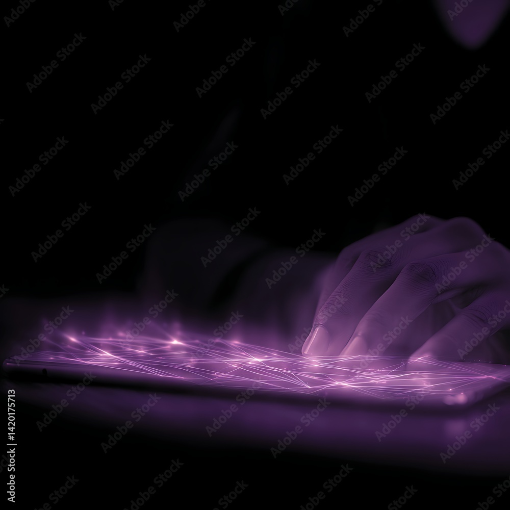 Poster hand interacting with digital interface glowing network connection on futuristic device.