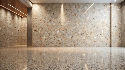 Illuminated Specks A Modern Interior Design Featuring a Polished Concrete Floor and Textured Stone Wall