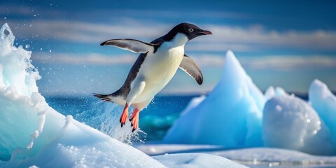 Fototapeta premium A graceful Ad?lie penguin takes flight, leaping from a pristine iceberg amidst a breathtaking icy landscape, a vibrant display of Antarctic wildlife in its natural habitat.