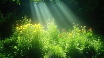 Sunlight beams through forest canopy, illuminating wildflowers