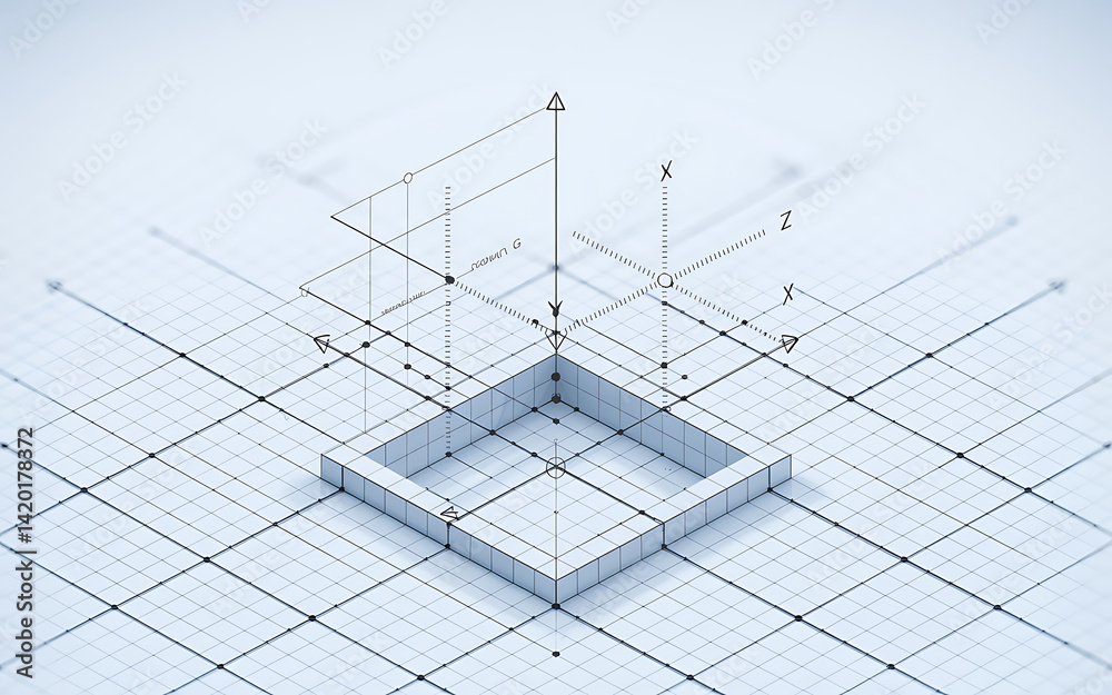 Fototapete Abstract Isometric Grid With Cube And Coordinate Axis System Visualization