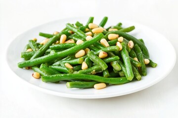 Green beans with pine nuts on a white plate, isolated on a clear background. Food 