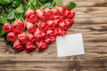 Bouquet of red roses and blank notecard on wooden background