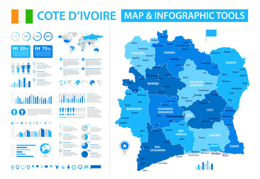 Ivory Coast Infographic Map with Data Visualization Elements - Vector Map of Cote D'Ivoire