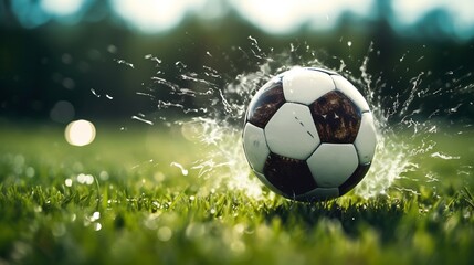 Naklejka premium Soccer Ball Splashing on Green Grass Field