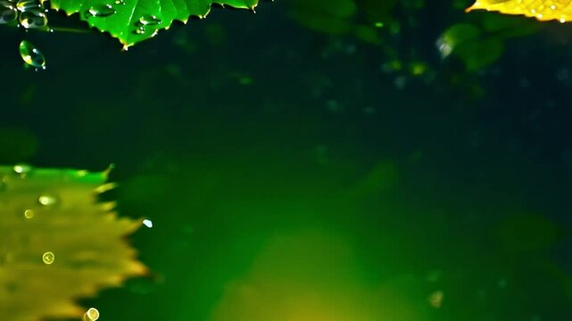 Leaves with water droplets, realistic style, green-gold tones, natural composition