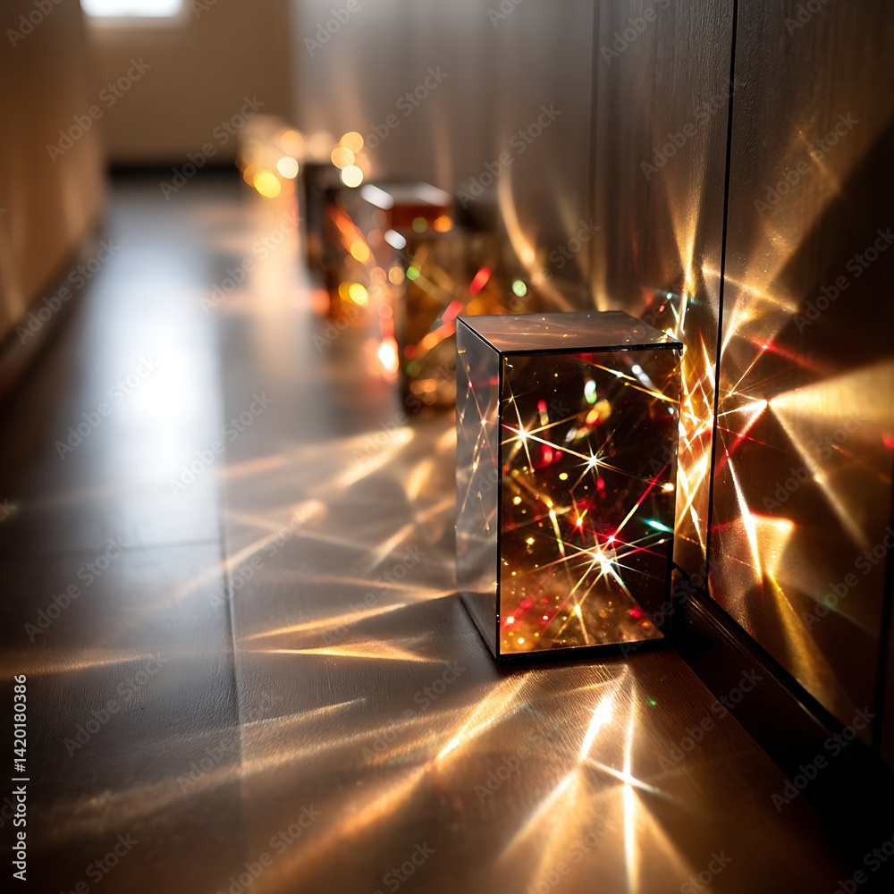 Poster illuminated cubes casting light patterns in hallway a captivating display of light and shadow art.
