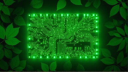 Digital Ecosystem: An Interwoven Green Circuit Board Nestled Among Lush Leaves, Illustrating Nature and Technology Convergence.