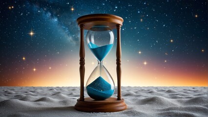 Sands of Time: A fleeting hourglass against the vast expanse of a starry night sky, marking moments in a cosmic landscape.