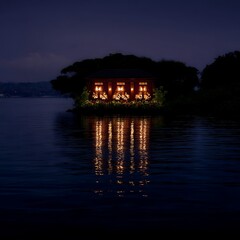 Illuminated Structure Over Water Reflection Amidst Trees and Night Sky Serenity Scenery