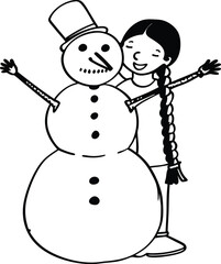 Happy Child Hugging Snowman in Winter, Black and White Illustration