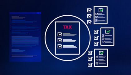 Digital tax checklist dashboard on dark blue background with check marks, documents, and code panel