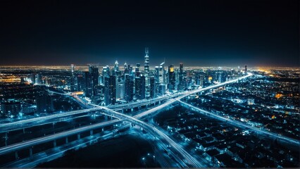 Obraz premium A Stunning Aerial Vista of a Modern Metropolis at Night, Illuminated by Countless City Lights and Streaking Vehicle Trails.