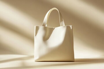 OffWhite Textile Tote Bag Standing on Beige Background Casting Shadow