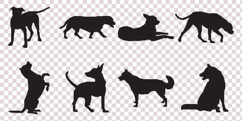Vector clip art showcasing dogs in different poses, both sitting and standing, created in silhouette style. This clean and minimal design is ideal for pet-themed graphics 