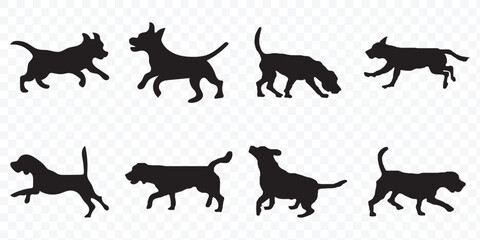 Set of dog silhouette vector. Dogs and puppies in different breed, corgi, golden retriever, poses, sitting, standing, jump. Hand drawn pet animals for pet shop, logo design, decorative, sticker.