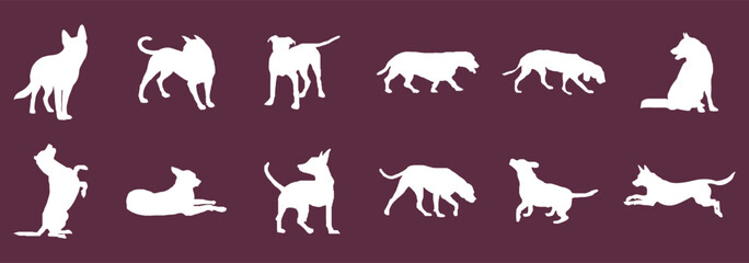 Set of dog silhouette vector. Dogs and puppies in different breed, corgi, golden retriever, poses, sitting, standing, jump. Hand drawn pet animals for pet shop, logo design, decorative, sticker.