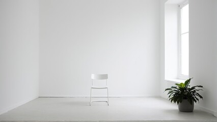 Minimalist Room Scene: A solitary white chair stands gracefully amidst a clean, white backdrop, illuminated by natural light from the adjacent window.