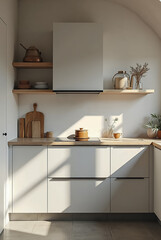 3D Illustration of a concept, interior design and decoration idea of a modern minimalist kitchen, pantry, of a house, apartment, lounge, or hotel