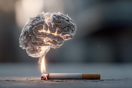 Burning Cigarette Ignites Brain: 3D Render, Smoking Addiction Concept, Gray Background