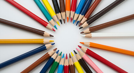 Fototapeta premium Colored Pencils Arranged In Perfect Circle Top View
