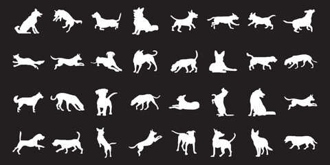 Vector clip art showcasing dogs in different poses, both sitting and standing, created in silhouette style. This clean and minimal design is ideal for pet-themed graphics 