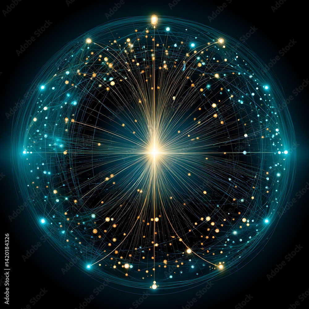 Poster interconnected network of data communication with nodes and connections spreading globally.