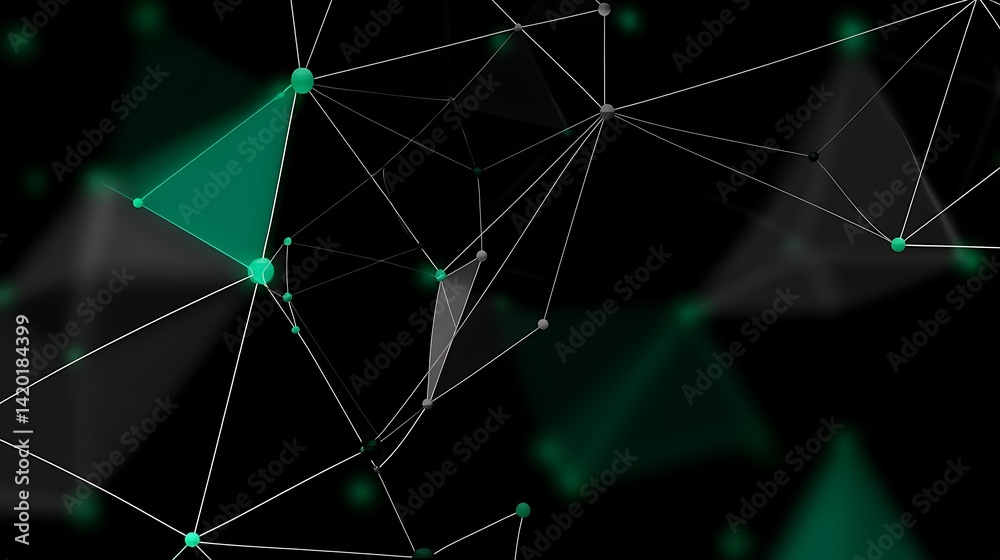 Poster interconnected network of nodes and lines forming an abstract geometric shape dark background