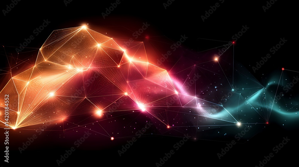 Poster interconnected network with colorful lights connecting points forming abstract design.