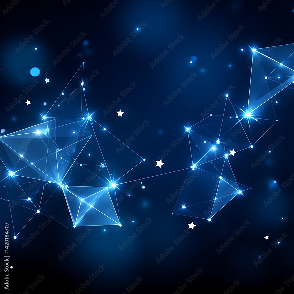 Poster interconnected polygons network with stars sparkles and blurred sphere background abstract design