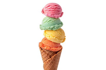 stack of colourful ice cream scoops in cone isolat on background white