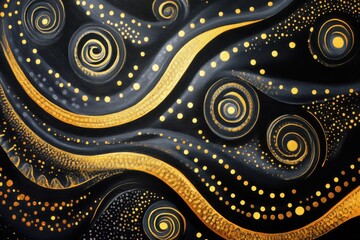 Aboriginal abstract painting featuring black and gold swirls with traditional dot patterns and artistic symbols