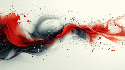 Abstract fluid art with red and black colors swirling on a white background.