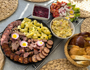 Traditional Slovak Easter meal with smoked meats, hrudka cheese, potato salad, beetroot, bread, and decorated eggs. Festive spring table setting.