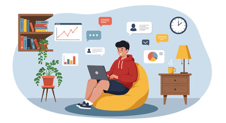 Flat style vector illustration of a young man engaging in online activities on his laptop from the comfort of his home