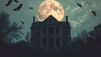 Spooky Old House With Full Moon And Bats Flying Halloween Concept