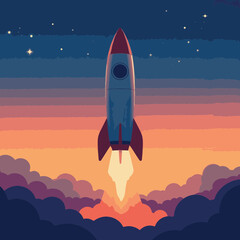 Sleek rocket ascending in evening sky, symbolizing exploration