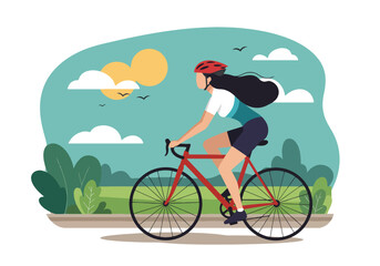 Flat style vector illustration of a woman cycling during her summer holiday in a park landscape