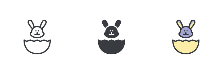 Easter bunny emerging from a cracked Easter egg different style icon set