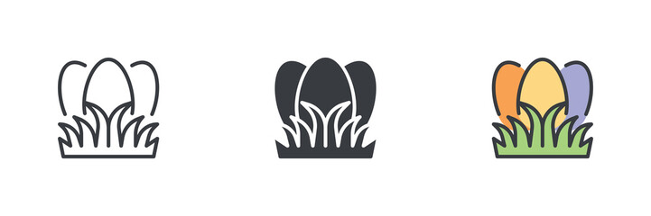 Three Easter eggs nestled in grass different style icon set