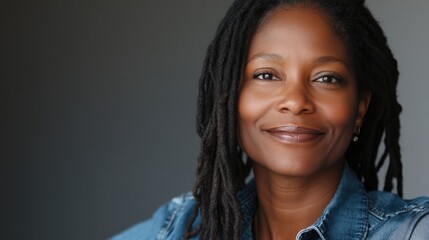 Smiling middle-aged woman with long, dark, and partially gray braided hair, wearing a denim jacket.