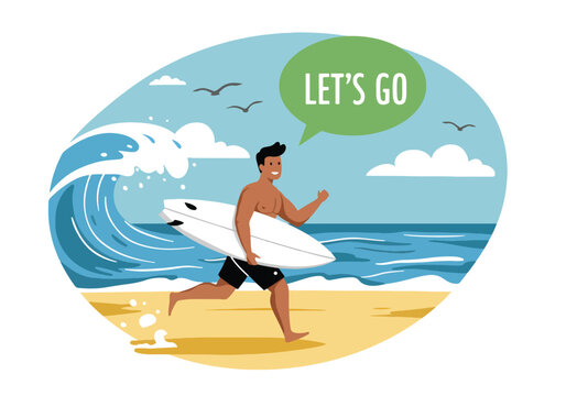 Flat style vector illustration of a man running towards a large wave with his surfboard, exclaiming for summer holiday surfing fun