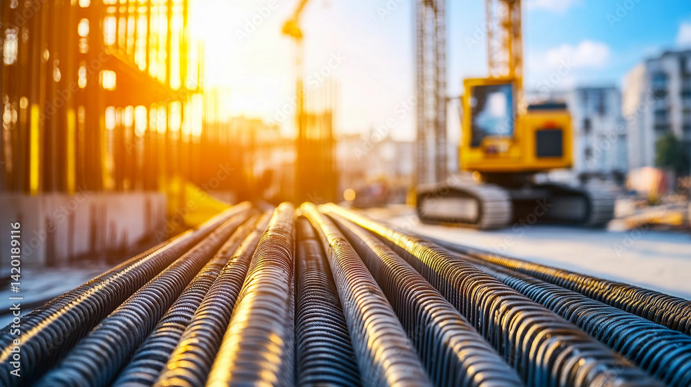 Poster bright construction site with machinery and materials generative ai