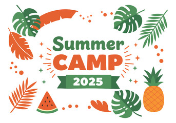 Vibrant and playful summer camp 2025 vector illustration with tropical leaves, watermelon, and pineapple framing the central text