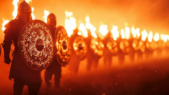 Medieval warriors in fiery parade with shields and torches