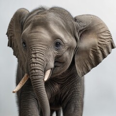 "A baby elephant sitting on a white background, photorealistic style"