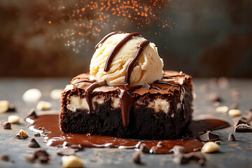 A delicious chocolate dessert plate features chocolate ice cream and a nutty chocolate cake