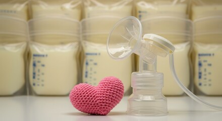 Breast pump with bags of breastmilk and a pink heart. Concept of motherhood, breastfeeding, love, and care for the baby. Represents the bond between mother and child, and the importance of nutrition.